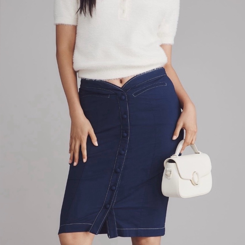 Anthropologie Maeve Curved-Waist Buttondown Navy Pencil Skirt 10